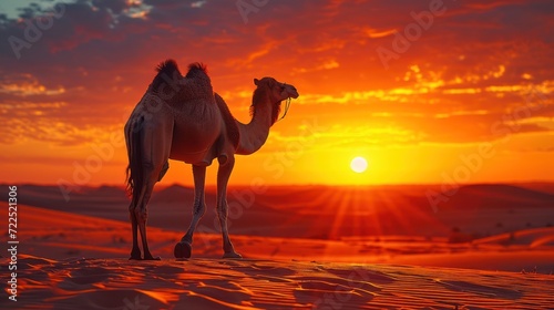  a camel standing in the middle of a desert with the sun setting in the background and clouds in the sky.