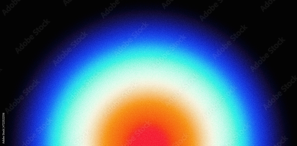 Grainy background glowing vibrant color gradient blue orange red black circle ring noise texture banner poster design