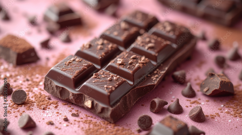 Decadent Dark Chocolate Bar Sprinkled with Shavings on Pink Surface Decadent Dark Chocolate Bar Sprinkled with Shavings on Pink Surface