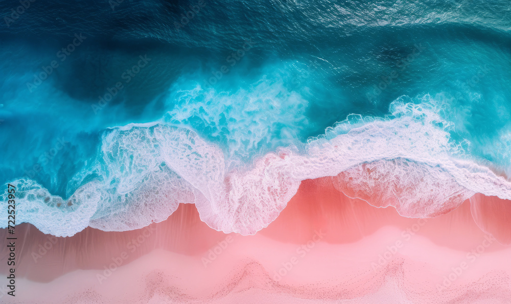 Aerial view of a tropical sandy beach and ocean coastline in abstract pink and blue tones