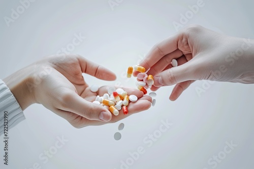Pill and medicines in old wrinkled hands, drug rehab and antidepressant prescriptions. Vitamins nutrition counseling Angina and Thyroid Cancer Ayurvedic remedie health medical addiction care treatment photo