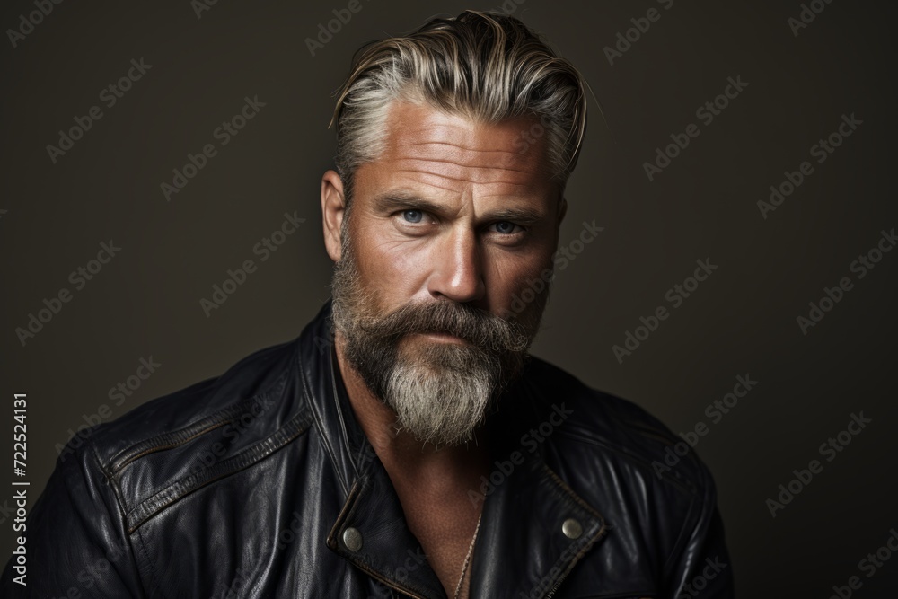Portrait of a handsome mature man with a long beard and mustache wearing a leather jacket. Men's beauty, fashion.