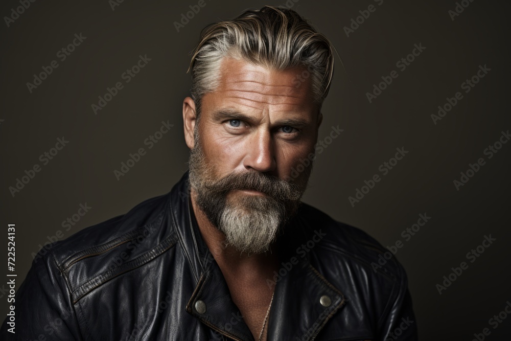 Portrait of a handsome mature man with a long beard and mustache wearing a leather jacket. Men's beauty, fashion. Portrait of a handsome mature man with a long beard and mustache wearing a leather jacket. Men's beauty, fashion.