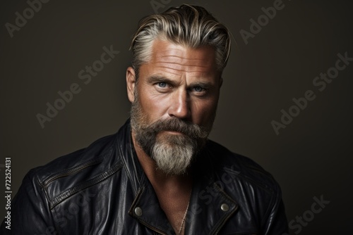Portrait of a handsome mature man with a long beard and mustache wearing a leather jacket. Men's beauty, fashion.