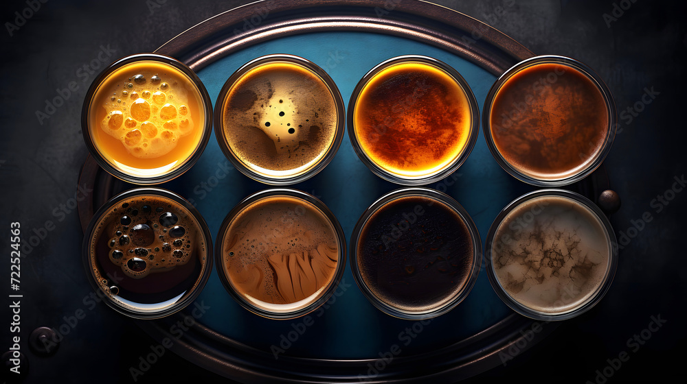 cups with aromatic coffee from beans of different varieties and manufacturers. top view. comparison of different coffee options cups with aromatic coffee from beans of different varieties and manufacturers. top view. comparison of different coffee options