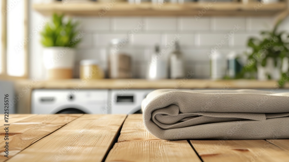A tranquil scene unfolds as a crisp white towel rests on a rustic wooden table, accompanied by a delicate vase and lush houseplant, adding a touch of nature to the warm and inviting kitchen A tranquil scene unfolds as a crisp white towel rests on a rustic wooden table, accompanied by a delicate vase and lush houseplant, adding a touch of nature to the warm and inviting kitchen