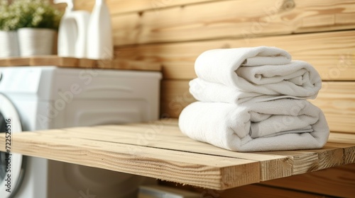 A pristine stack of white towels adds a touch of warmth and rustic charm to the sleek wooden furniture in this cozy indoor setting