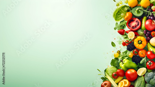 Variety of ripe fruits and veggies, neatly arranged, on a pastel green backdrop.