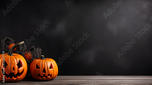 Carved pumpkins on a dark background, Halloween vibe.