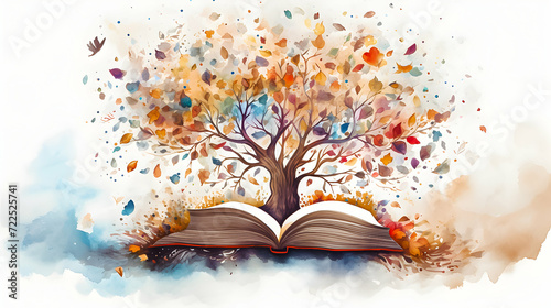 Vibrant tree growing from book pages, colorful butterflies flying around.