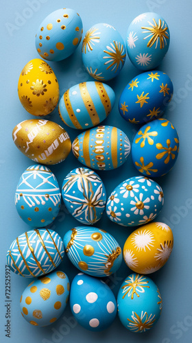 Happy Easter! Banner with blue and yellow easter eggs in a basket. Vertical banner, instagram story background or greeting card.