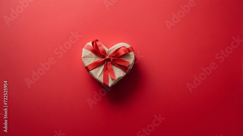 Top view of a valentines day gift on a red background with copy space