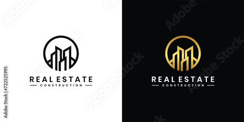 gold colored building architectural logo design with black and white background, building logo made with minimalist lines and circles