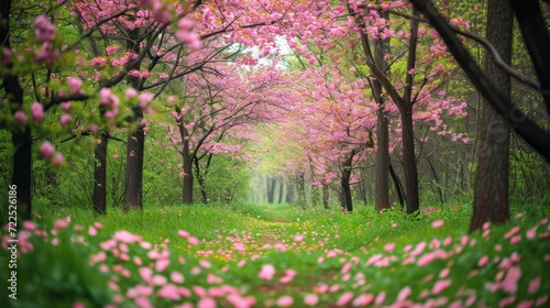  a path in the middle of a lush green forest with pink flowers on the trees and grass on both sides of the path.