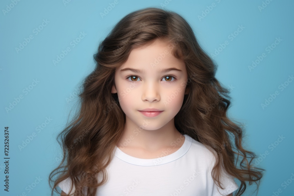 Portrait of a cute little girl with long curly hair on blue background Portrait of a cute little girl with long curly hair on blue background