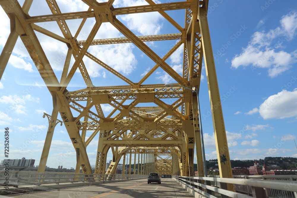 Andy Warhol Bridge and other famous yellow bridges in downtown Pittsburgh, Pennsylvania. Panoramic view of downtown.