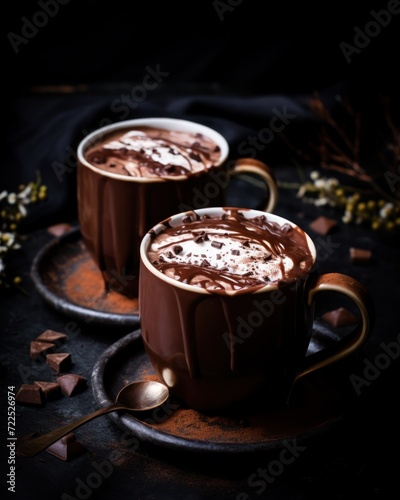  two mugs of hot chocolate on a plate with spoons and sprinkles on a black background.