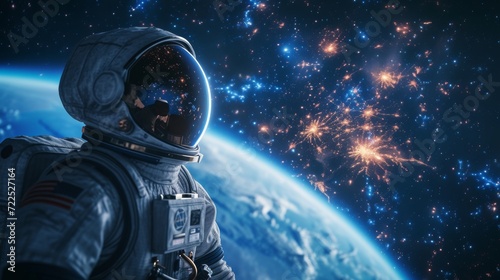 A lone astronaut, enveloped in the vastness of outer space, gazes upon the breathtaking beauty of earth, a fragile and precious jewel floating in the darkness, their digital compositing suit a symbol photo