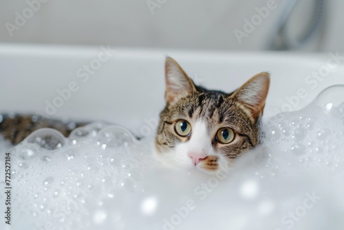 A curious felidae enjoys a playful bubble bath in the cozy confines of an indoor bathroom sink, whiskers tickled by the foamy suds