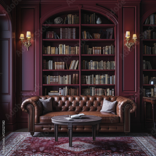 3D Library with Mahogany Shelves and Leather Sofa