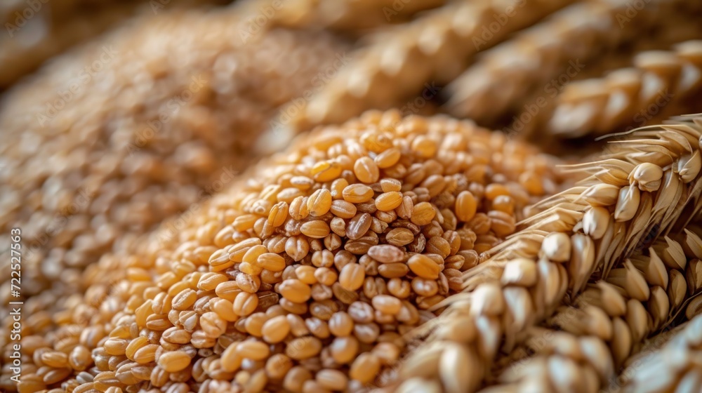 Obraz premium a close up of a bunch of grain in a basket with a stalk of wheat in the middle of the frame.