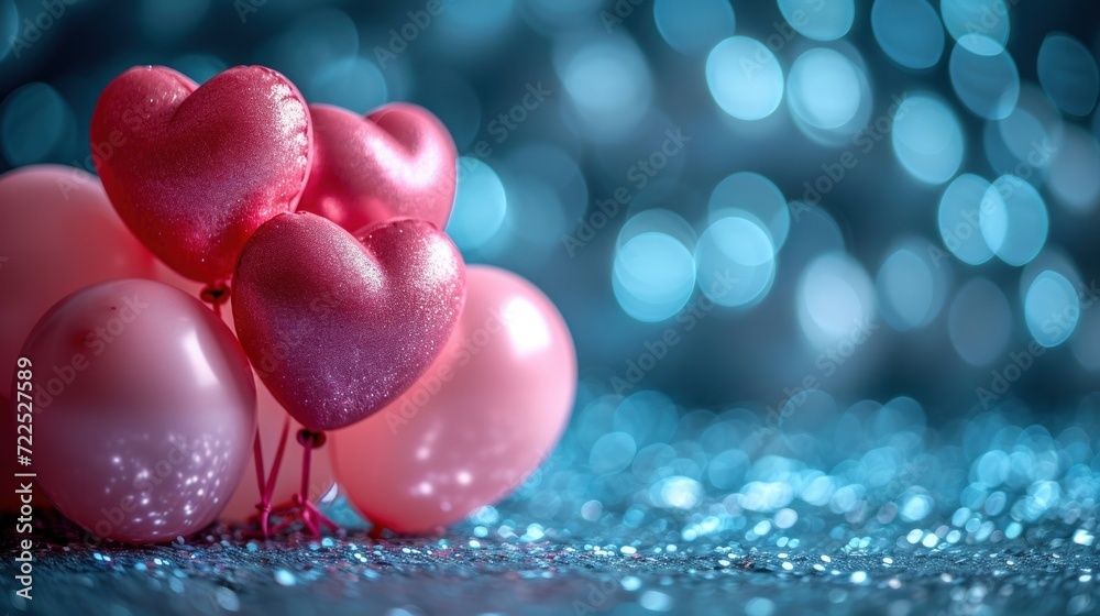 a group of heart shaped balloons sitting on top of a blue and pink background with a blurry boke of lights in the background. a group of heart shaped balloons sitting on top of a blue and pink background with a blurry boke of lights in the background.