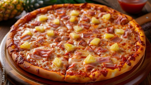 Hawaiian pizza with a chewy crust, sweet tomato sauce, melty mozzarella cheese, ham slices, and juicy pineapple chunks for a sweet and savory flavor combination