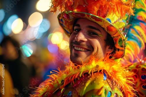 A joyful man donning traditional clothing and a festive hat, adorned with a wide smile, celebrates at a lively outdoor carnival during mardi gras, his face beaming with the spirit of dance and fashio