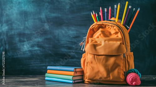Backpack With School Supplies, Books, And Notebooks.