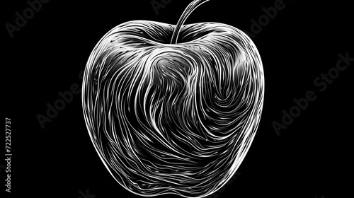 A Striking Monochrome Illustration of an Apple with Swirling, Flowing Lines Creating a Mesmerizing Visual Effect