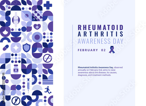 Vector Rheumatoid Arthritis Awareness Day Poster with a vertical column of geometric and thematic elements and a text about the disease. Template for card, banner, poster, background