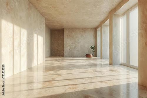 An empty room with windows, sunlight, minimalism - Generative AI