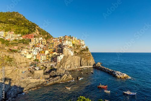 Manarola, Italy - August 2, 2023: The picturesque coastal village of Manarola, Cinque Terre, Italy