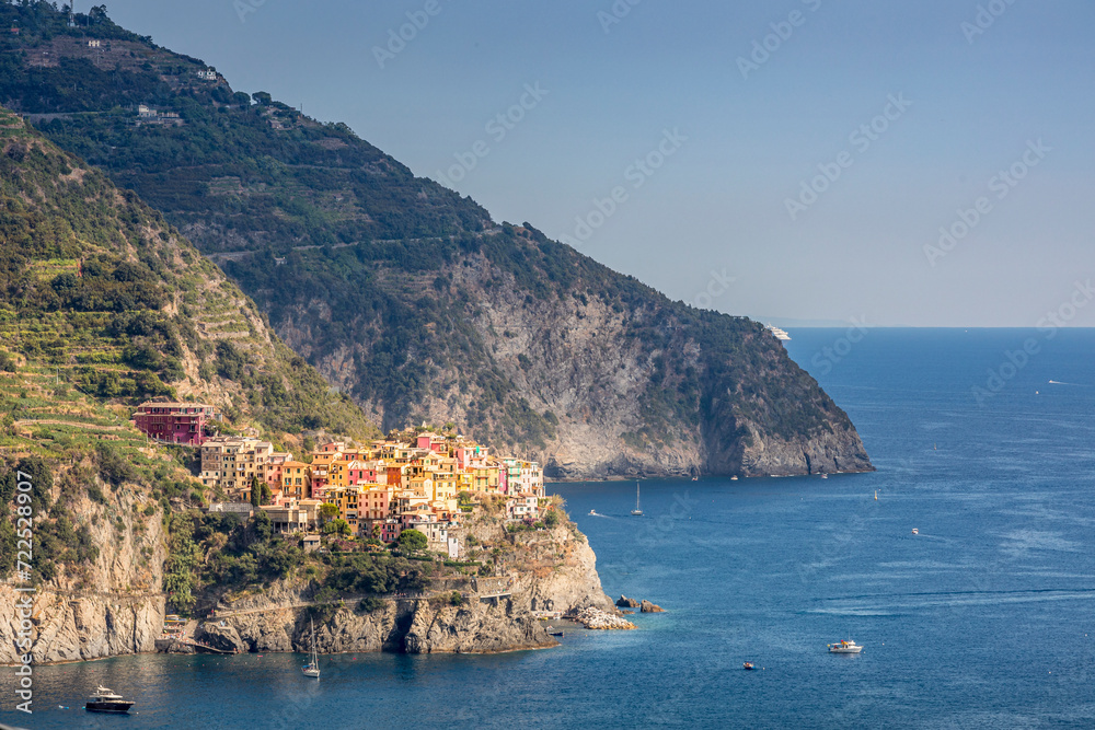 Manarola, Italy - August 2, 2023: The picturesque coastal village of Manarola, Cinque Terre, Italy