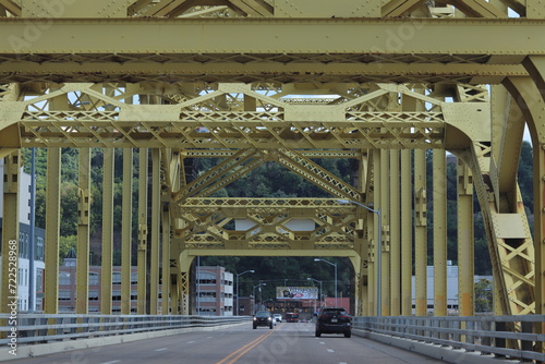 Andy Warhol Bridge and other famous yellow bridges in downtown Pittsburgh, Pennsylvania. Panoramic view of downtown.