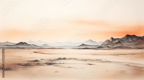 Black ink sketch of a serene desert landscape on a clean white canvas, showcasing minimalism to express the vastness and calmness of the environment © CREATER CENTER