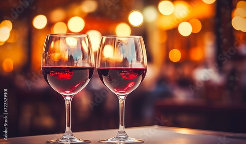 Two glasses of red wine on the table with a blurred light bokeh background.