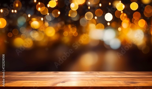 Empty wooden table and blurred bokeh background at night bar restaurant.