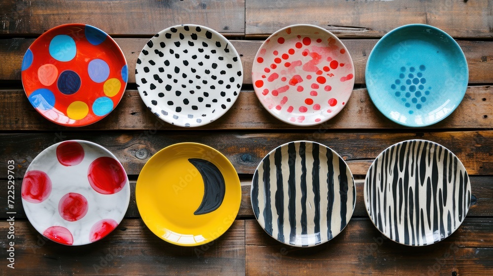 a row of colorful plates sitting on top of a wooden table covered in polka dots and black and white dots. a row of colorful plates sitting on top of a wooden table covered in polka dots and black and white dots.