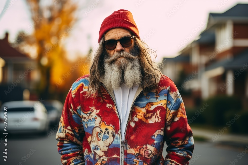 Handsome bearded hipster man with long gray beard and stylish hair in colorful jacket posing on city street Handsome bearded hipster man with long gray beard and stylish hair in colorful jacket posing on city street