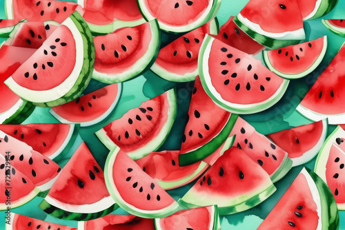 Watermelon collage, summer fruit slices, watercolor style