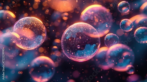  a bunch of soap bubbles floating on top of a blue and purple background with bubbles floating on top of each other.