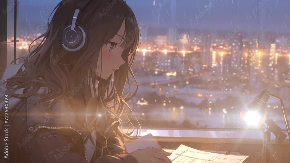 Lofi anime girl study while listening to music. Rainy night. Loop animation video
