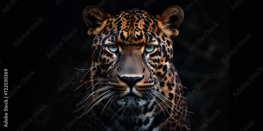 This striking image showcases a Panther in a front view against a black backdrop. Copy Space This striking image showcases a Panther in a front view against a black backdrop. Copy Space