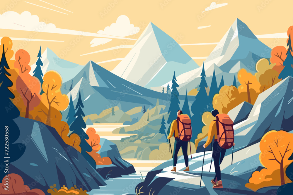 Adventure and Outdoor Activities, Hiking and Camping in the Wilderness, Nature Exploration and Travel Concept, Backpackers Exploring Mountain Trails Illustration