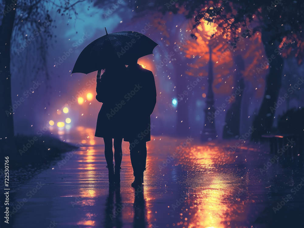 Silhouette of a couple standing under a shared umbrella in the rain ...