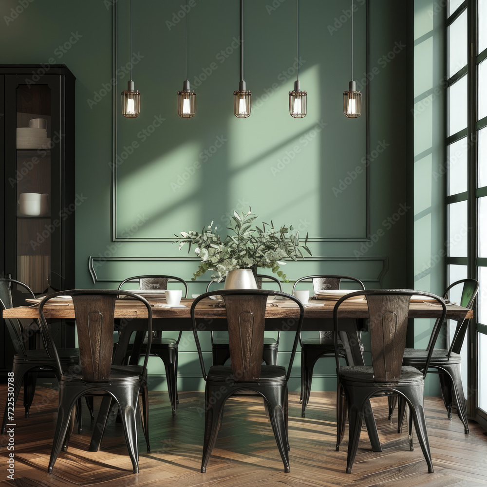 3D Dining Room with Rustic Table and Wrought Iron Accents