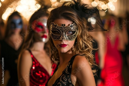 Elegant masquerade ball with mysterious guests in costume