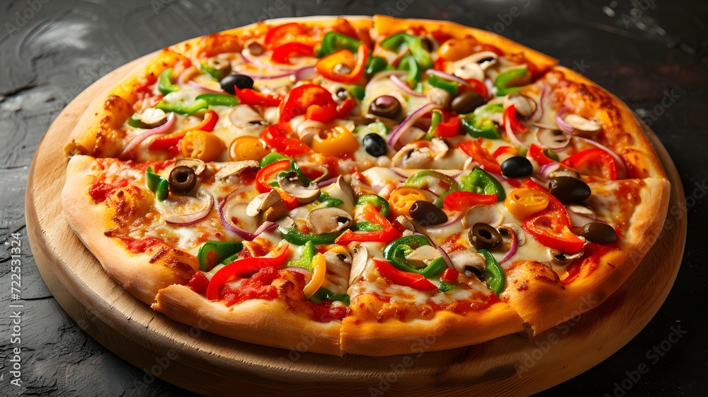 veggie supreme pizza with a crispy crust, robust tomato sauce, melty cheese, and an array of vibrant vegetables such as bell peppers, onions, olives, and mushrooms