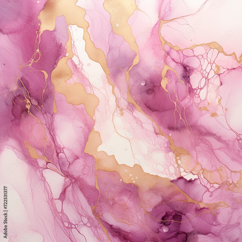 watercolor stains, splashes, blots, waves in soft magenta with gold veins 